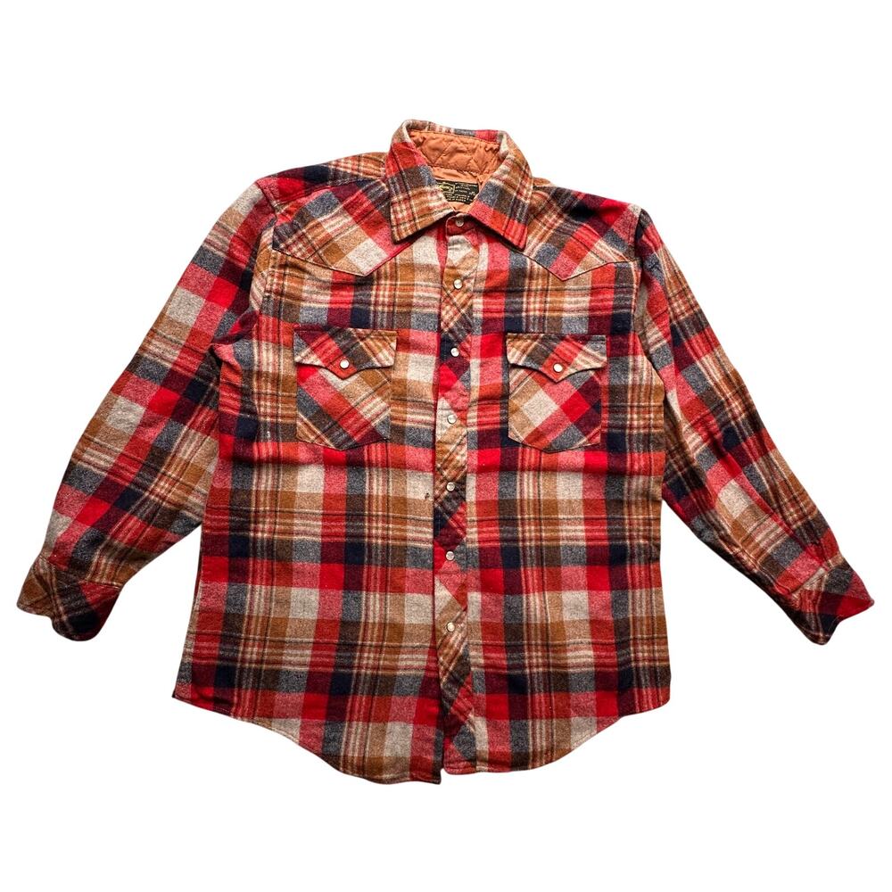 Vintage 80s K-Mart Wool Blend Plaid Flannel Pearl Snap Shirt Medium Long Sleeve